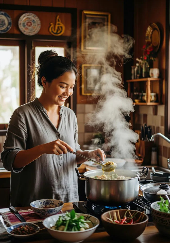 Woman cooking in a kitchen with steam rising from a pot