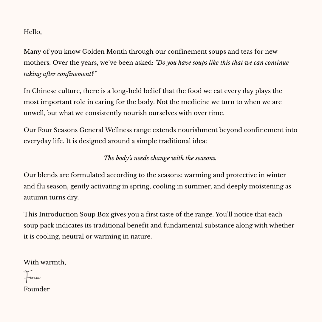 Letter from a founder explaining the Four Seasons General Wellness soup range and its benefits.