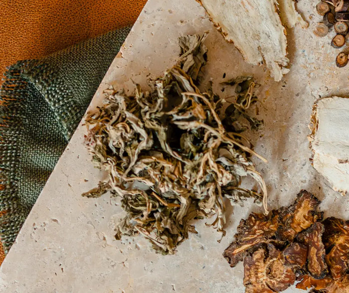 Dried herbs on a stone surface with a textured background