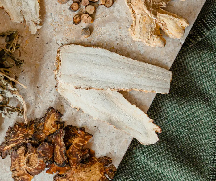 Close-up of dried herbs and a piece of white stone on a textured surface.