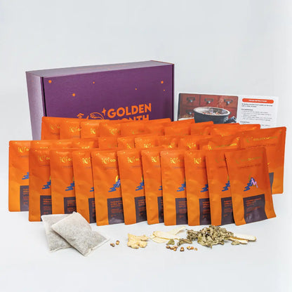 Confinement bath packaging set with orange bags and a purple box labeled 'Golden Month' on a white background.