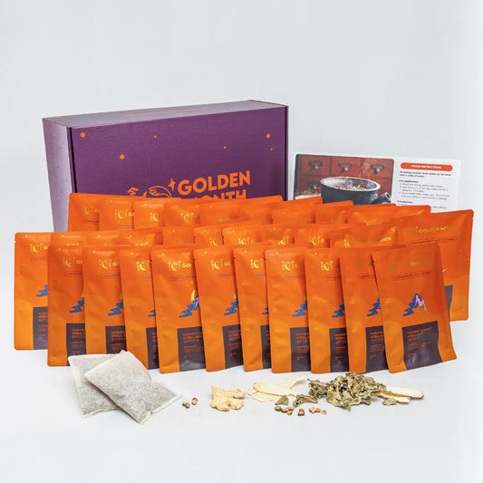 Confinement bath packaging set with orange bags and a purple box labeled 'Golden Month' on a white background.