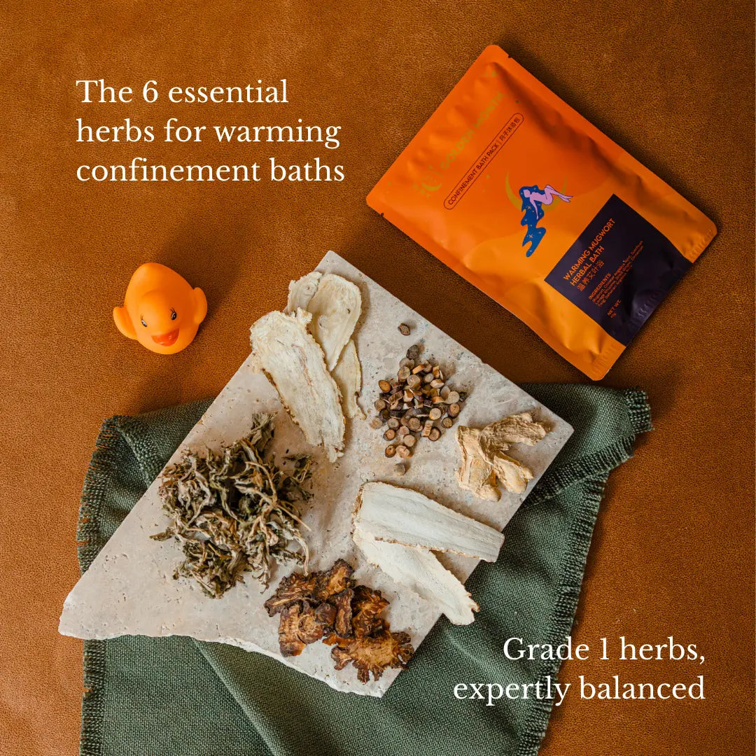Herbs for warming confinement baths on a stone slab with packaging on a brown background