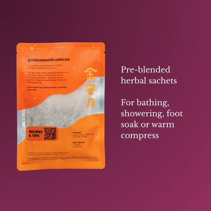 Orange pre-blended herbal sachet packaging on a purple background