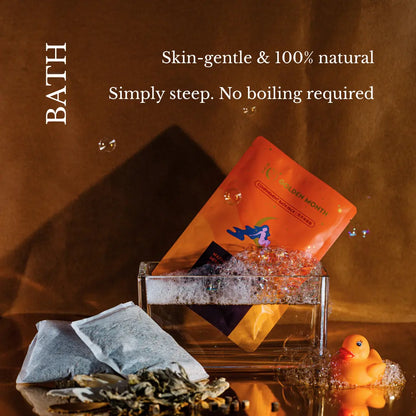 Orange herbal bath packaging with text about natural tea, surrounded by tea leaves and a rubber duck on a brown background.