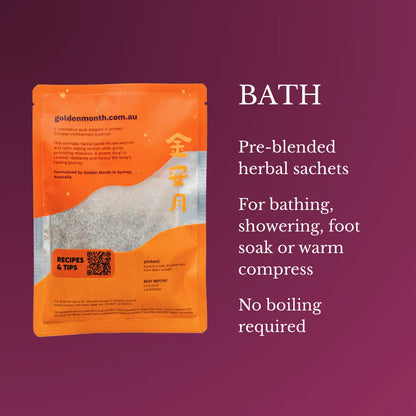 Orange packaging of pre-blended herbal sachets for bath on a purple background