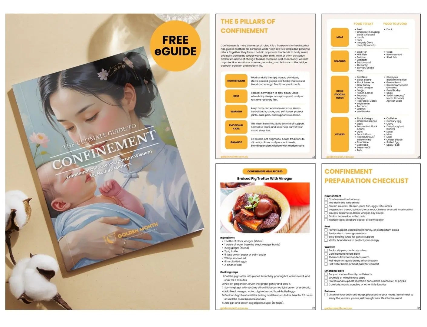 Free download guide on confinement with images of a woman and baby, and text sections.
