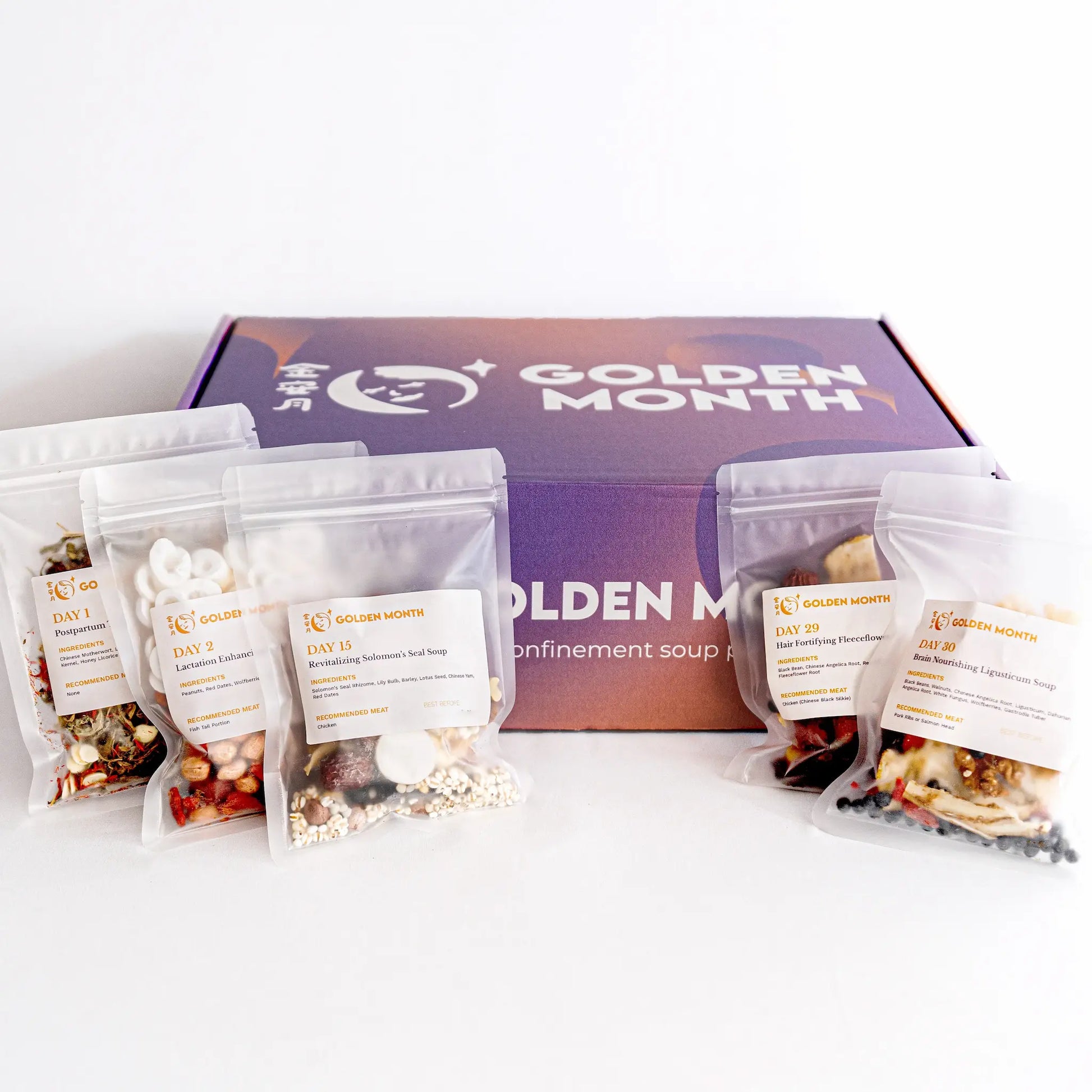 GOLDEN MONTH subscription box with multiple food packages on a white background
