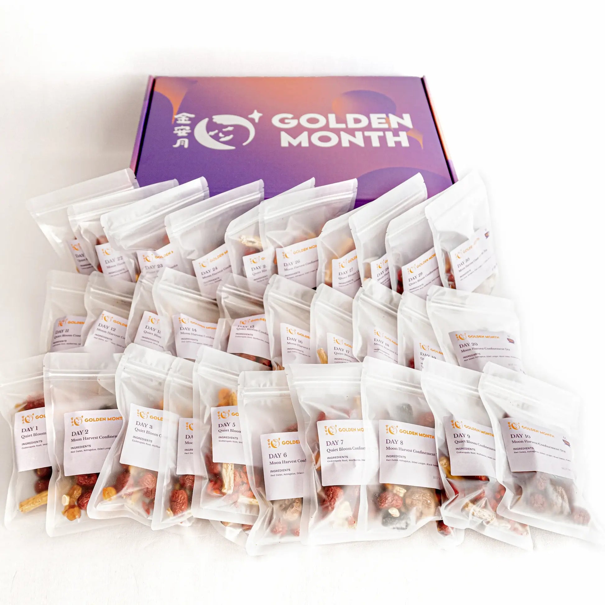 Multiple postpartum herbal tea packages in front of a purple box with 'Golden Month' branding on a white background