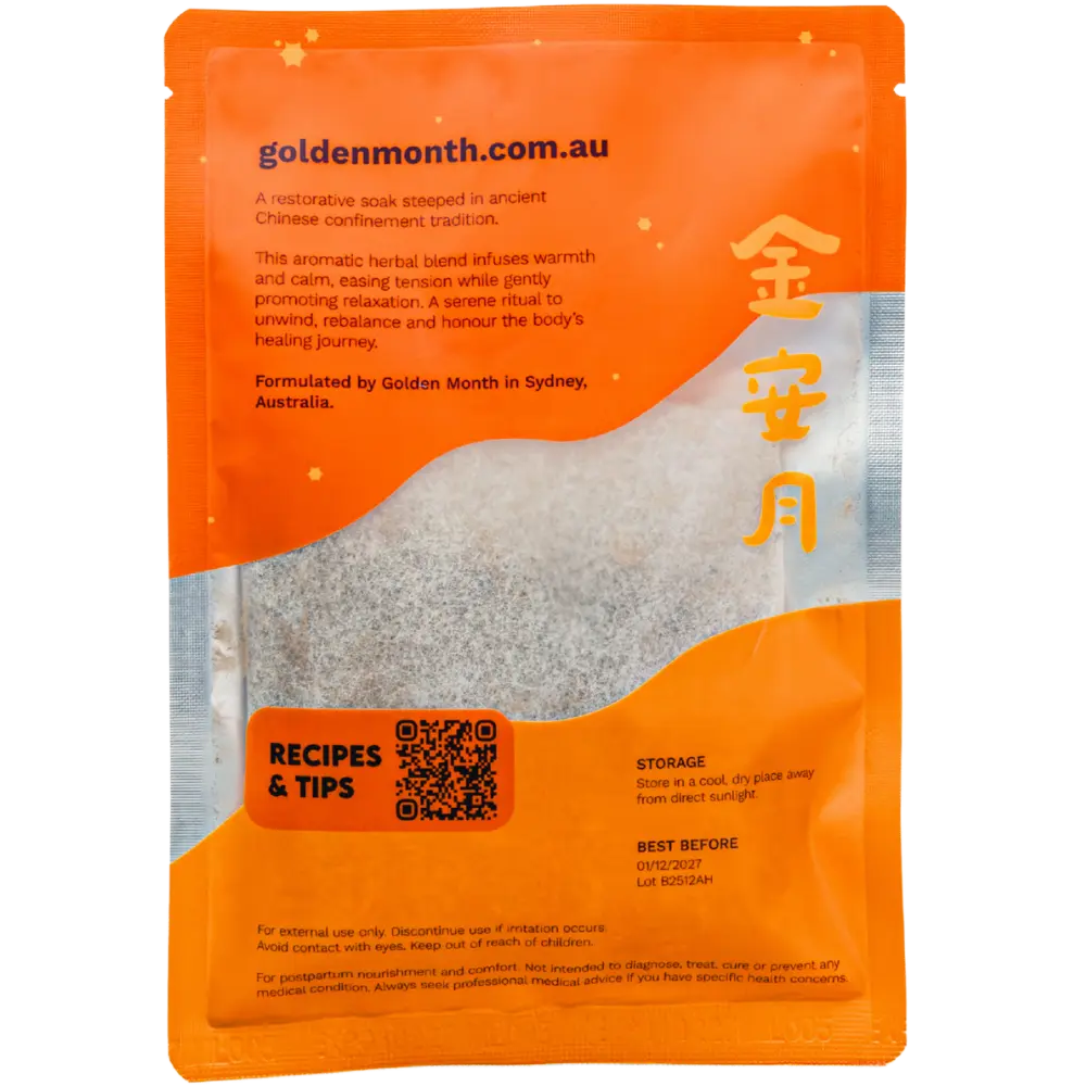 Bcak of Golden Month bath pack showing herb sachet