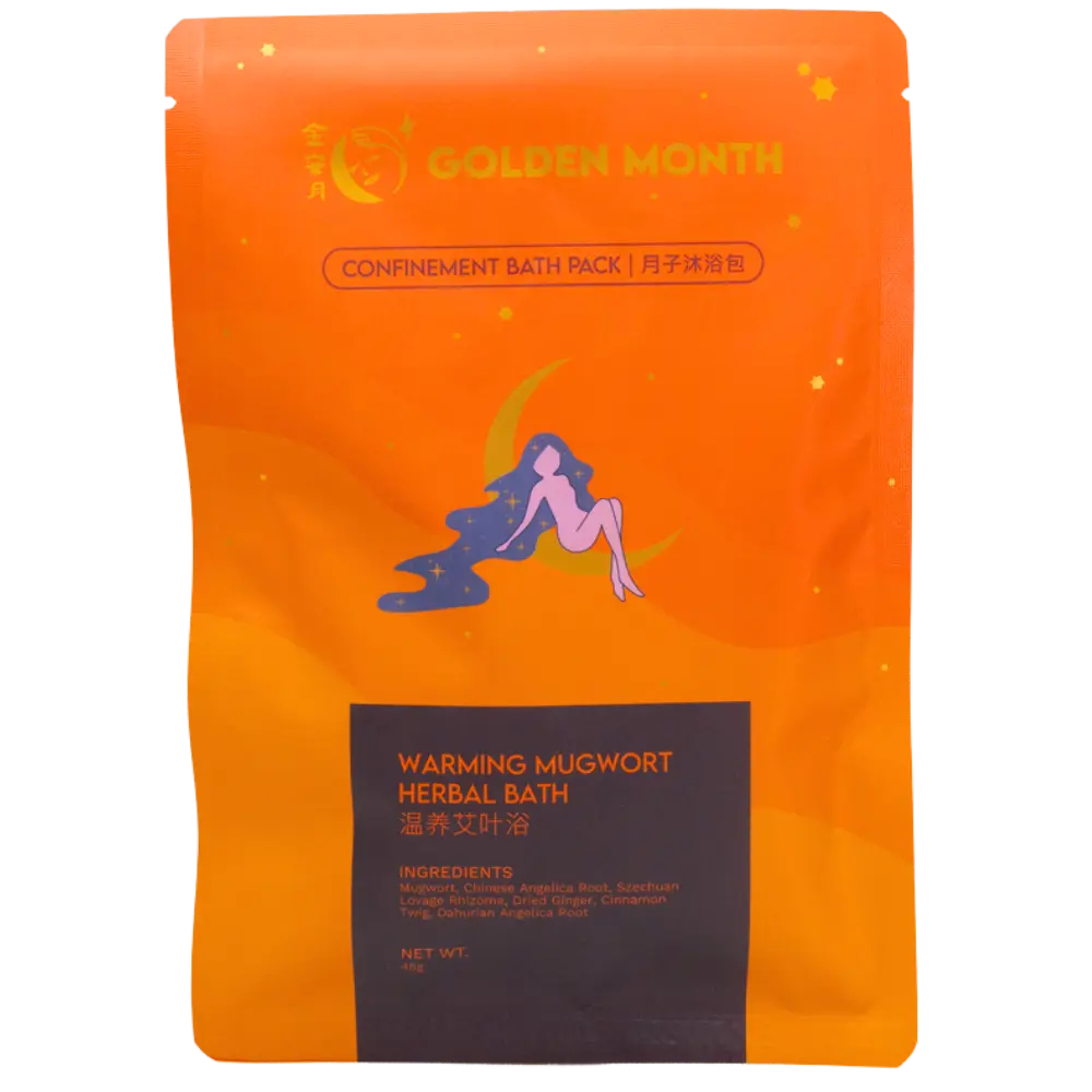 Orange packaging of Golden Month Confinement Bath Pack with a silhouette of a woman and text.