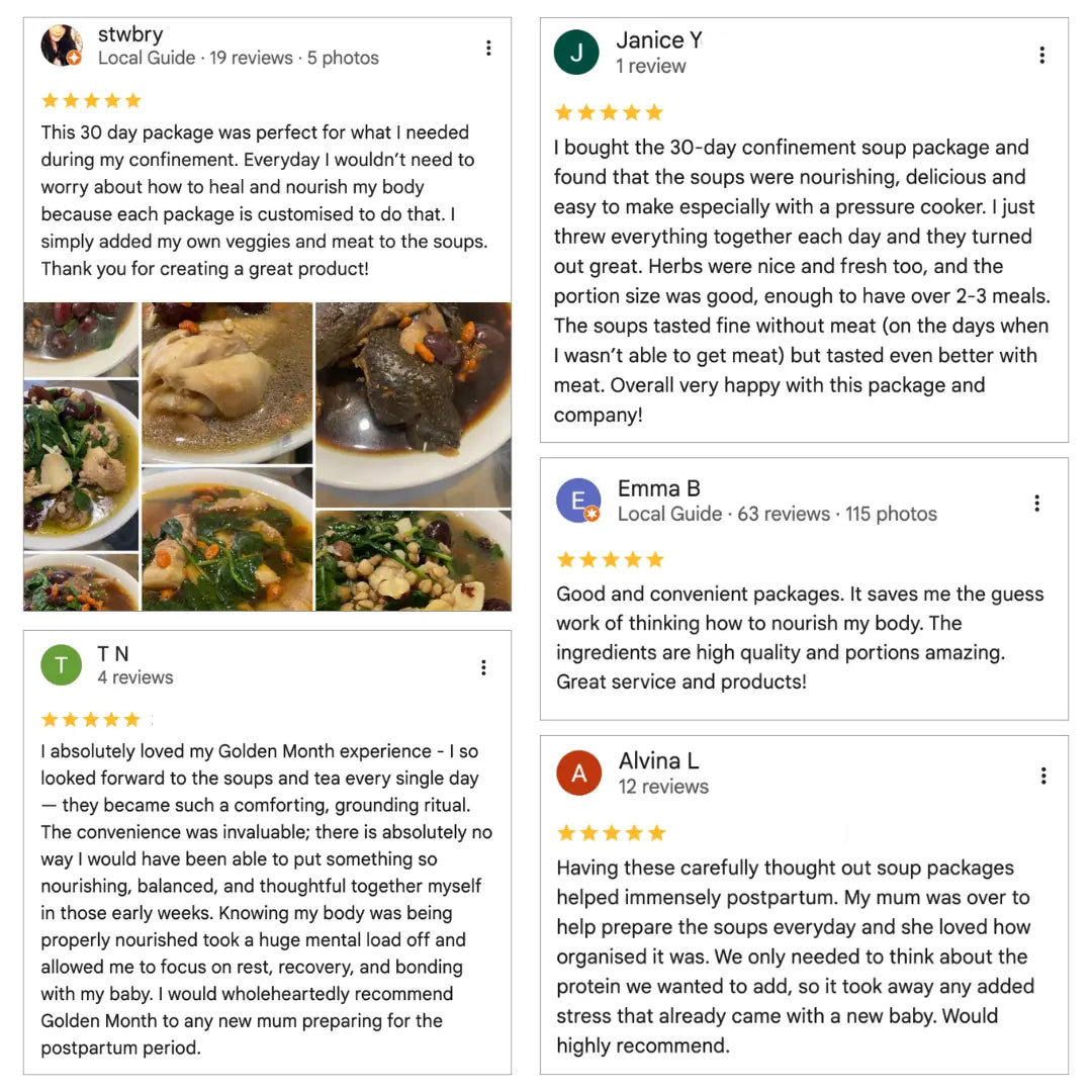 Reviews and images of Golden Month soup packages with positive feedback on Google Reviews.