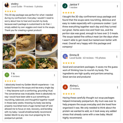 Reviews and images of Golden Month soup packages with positive feedback on Google Reviews.