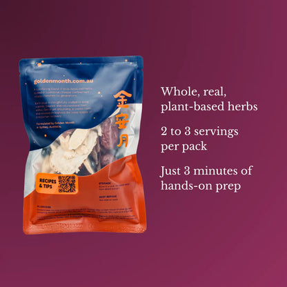 Packaged confinement herbs with branding and text on a purple background