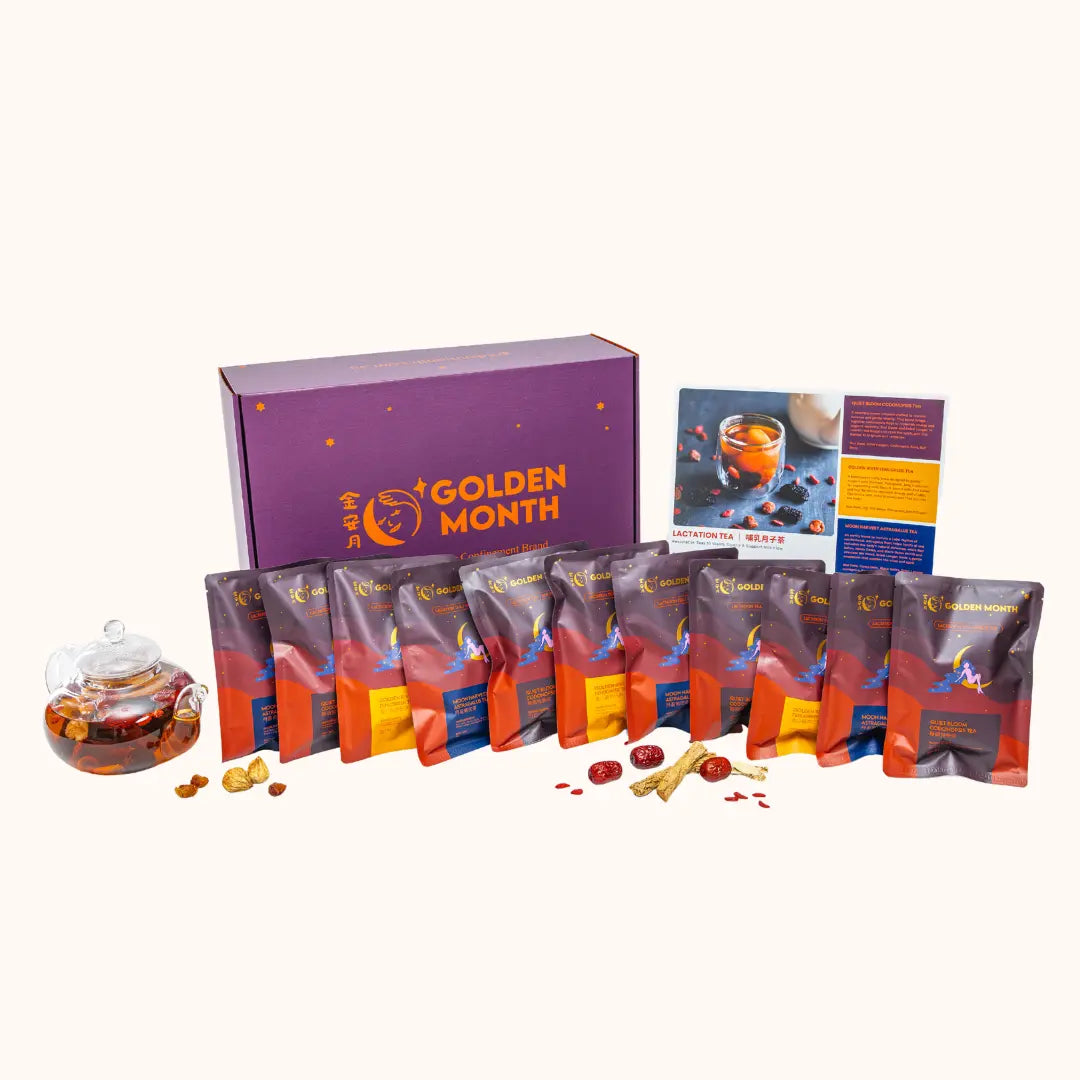 Tea set with 'Golden Month' branding on a white background 