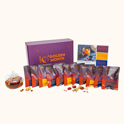 Tea set with 'Golden Month' branding on a white background 