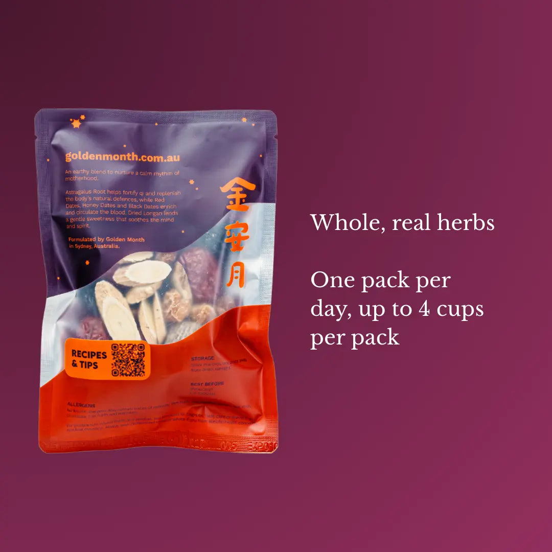 Packaging of whole real herbs with text on a purple background