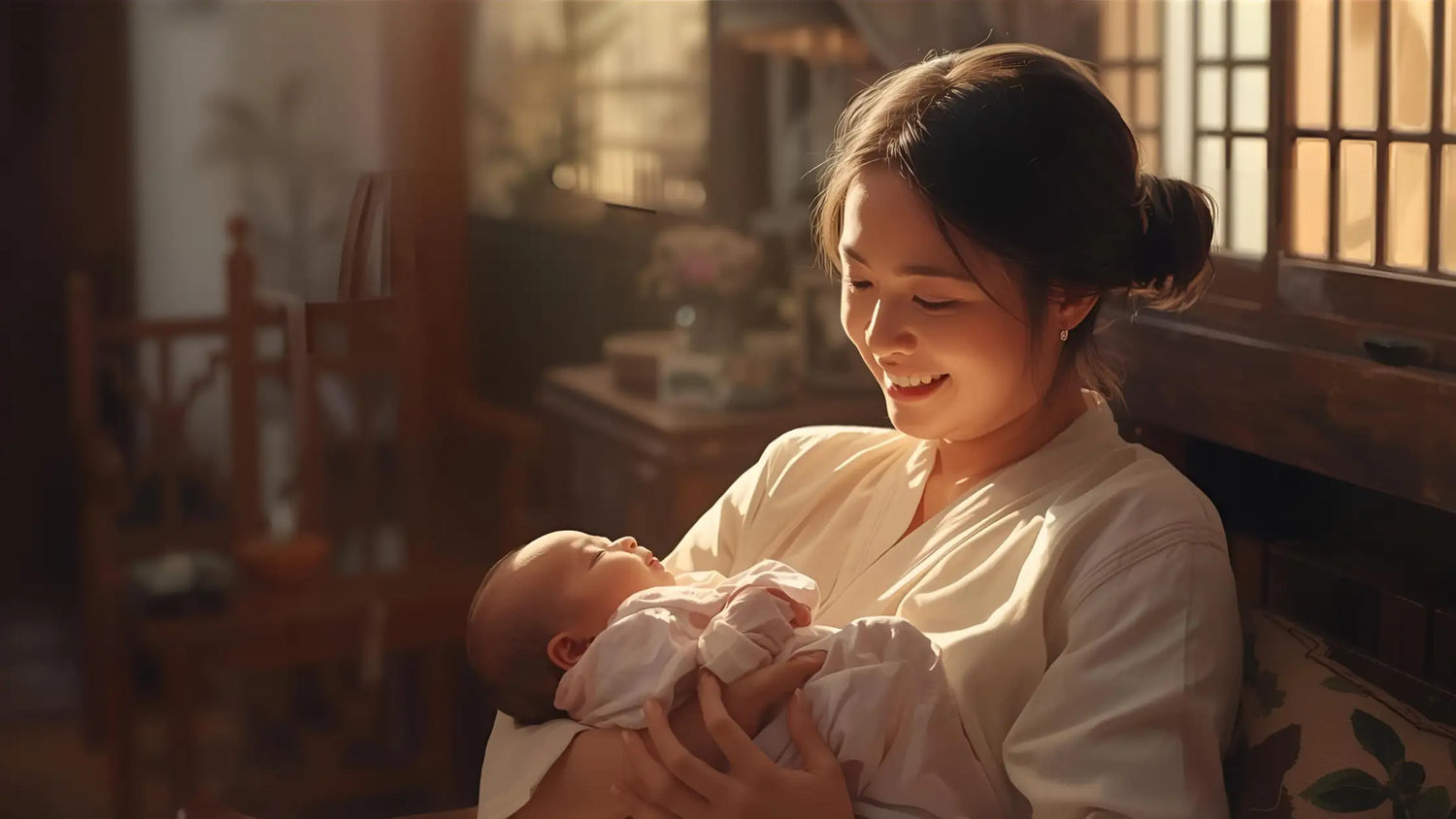Woman holding a baby in a warm, softly lit room.