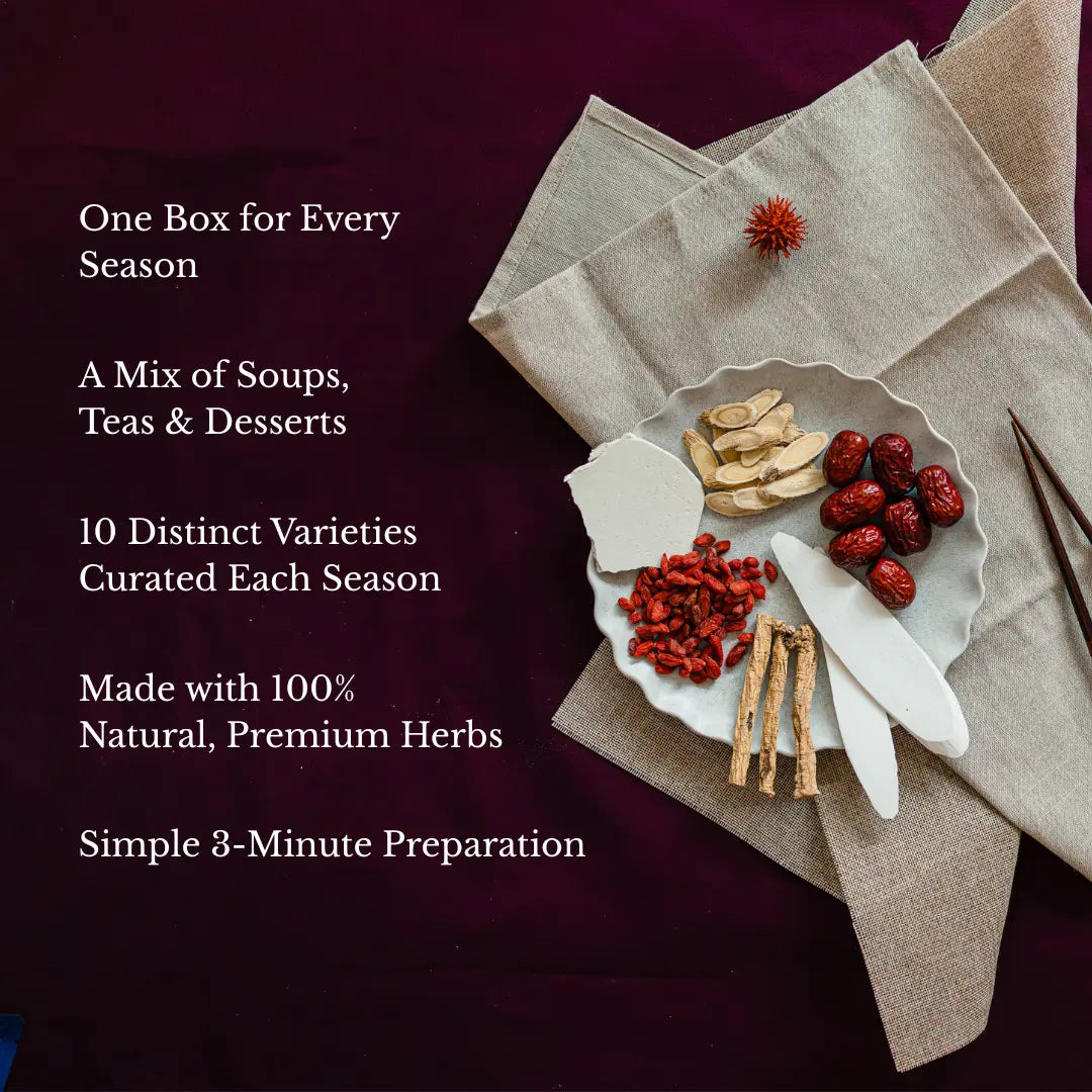 Herbal ingredients on a plate with text about a seasonal herbal mix on a dark background