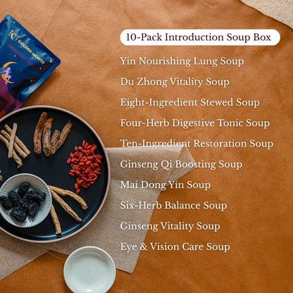 Introduction to a 10-pack of herbal soup mix with ingredients on a plate and packaging.