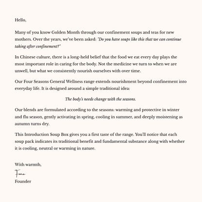 Letter from a founder explaining the Four Seasons General Wellness soup range and its benefits.
